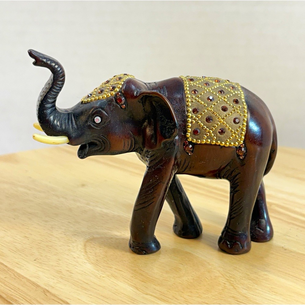 Ornate Elephant Figurine Faux Wood Resin Trunk Up Lucky Decor Rhinestones 3.5in